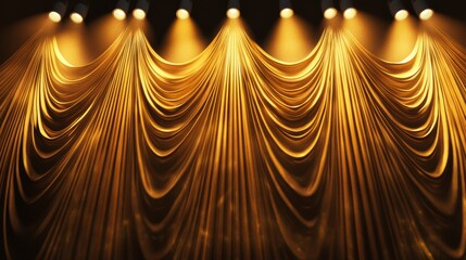 Wall Mural - golden stage curtains illuminated by spotlights, ready for a grand performance or presentation.
