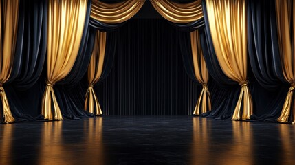 Wall Mural - elegant black and gold stage curtains drawn back to reveal an empty space.
