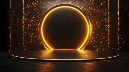 Poster - Glowing golden ring portal on dark background with stage.