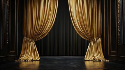 Wall Mural - elegant gold velvet curtains pulled back to reveal a dark stage.