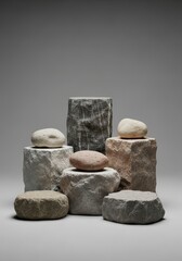 Poster - Stacked Stones on Gray Background - A visually appealing arrangement of various sized stones stacked on top of each other against a neutral gray background