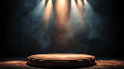Wall Mural - empty round podium with spotlight in smoky dark room.