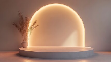 Poster - Minimalist round podium with pampas grass and arch-shaped neon light.