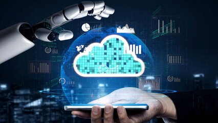Poster - AI artificial intelligence optimizes cloud infrastructure with virtual assistants and intelligent automation, improving scalability, security, and digital business continuity.