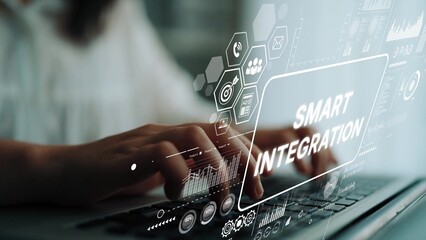 Poster - Close-Up of Hands Typing on a Laptop with Futuristic Smart Integration Interface Display. Asymptotic smart data analytic.