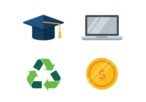 A collection of four modern flat design icons representing education technology environment and finance.