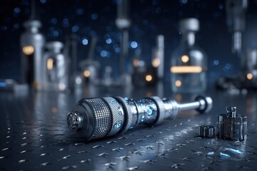 Poster - Detailed view of a futuristic tool resting on a metallic surface surrounded by various scientific equipment and glass containers