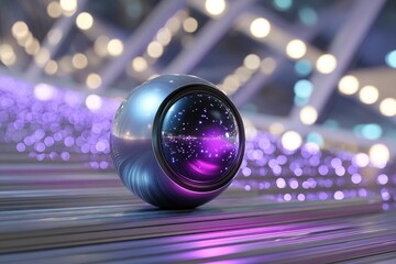 Poster - Shiny metallic orb reflecting vibrant purple and blue lights on polished surface at a futuristic venue
