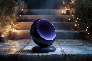 Poster - Modern spherical device emitting soft light and smoke, creating an enchanting ambiance on stone steps at night