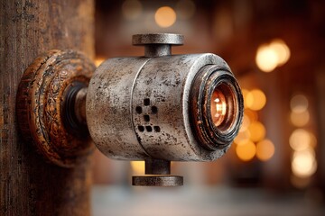 Poster - Vintage industrial light fixture mounted on wooden wall with warm bokeh background in a cozy space