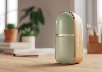 Poster - Modern green and wooden speaker on a desk with plants in bright room during daytime