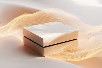 Poster - Minimalist white box on reflective surface with flowing lines creating an elegant, modern atmosphere