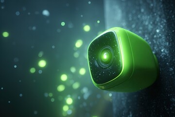 Poster - Unique green camera lens capturing sparkling light particles in an indoor setting during evening hours