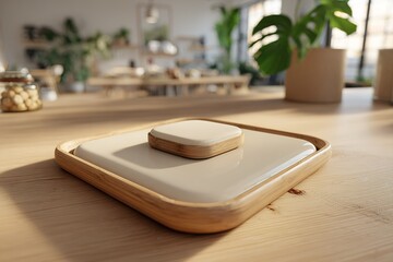 Poster - Minimalist wooden tray with a ceramic dish placed on a wooden table in a bright indoor space