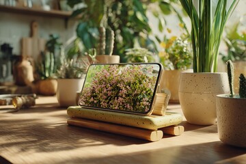 Poster - Smartphone displaying vibrant flowers in a cozy indoor garden setting with plants and natural light