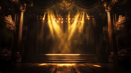 Wall Mural - empty stage with golden spotlights, ornate columns, and theatrical curtains.