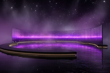 Poster - Modern stage design with purple lighting and reflective water surface in a dramatic setting during nighttime