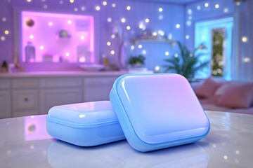 Poster - Modern storage containers on a stylish table with ambient lighting in a chic interior space