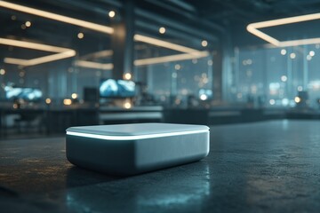 Poster - Modern technology workspace featuring a sleek device on a counter in a dimly lit office environment during evening hours