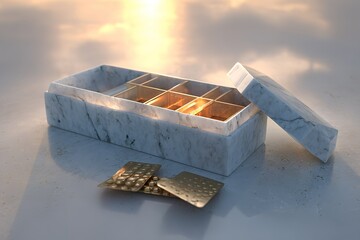 Poster - Stunning marble box with a golden interior and scattered shimmering foil wrappers at sunset
