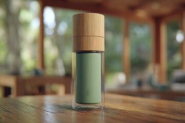 Poster - Sleek glass bottle with bamboo lid resting on wooden table in a bright, modern interior during daytime