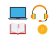 © Basecamp - Colorful flat icon set for online business learning and cryptocurrency featuring a laptop headset book and bitcoin.