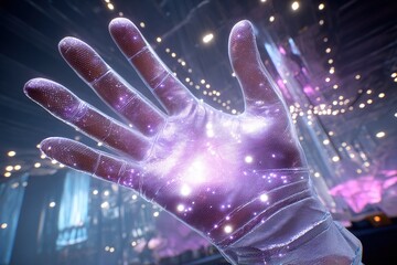 Poster - Hand glowing with cosmic energy in a futuristic setting filled with bright lights and surreal colors