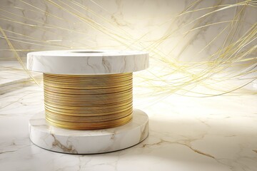 Poster - Golden wire spool rests on a marble surface with strands of light flowing in the background during a serene moment in a bright workshop
