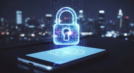 Poster - Lock Security on Mobile Device - Cybersecurity concept. lock hologram on smartphone screen, symbolizing mobile security, data protection, online privacy, network safety, and technological innovation