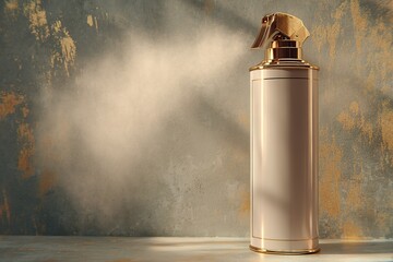 Poster - Spray bottle emitting mist against an artistic wall backdrop in a contemporary setting