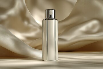 Poster - Elegant silver perfume bottle placed on soft satin fabric reflecting light in a minimalist setup
