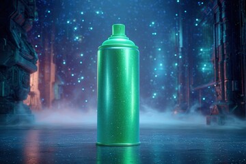 Poster - Bright green spray can stands against a misty backdrop in a dimly lit urban environment at night