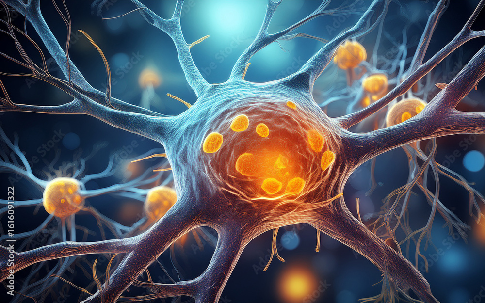 3D visualization of nerve cells with blocked sodium channels depicting ...