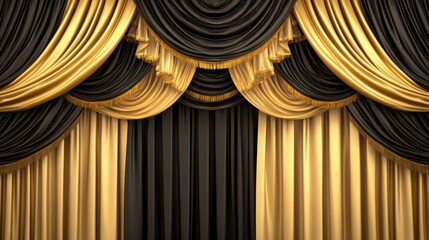 Wall Mural - luxurious gold and black stage curtains with pleats and drapes.