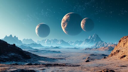Wall Mural - a hyper-realistic alien planet with three moons