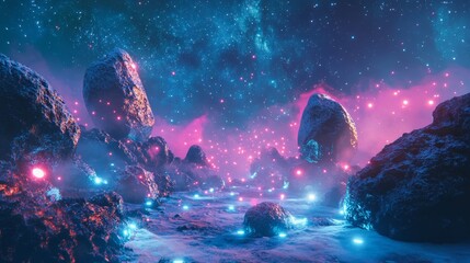 Wall Mural - a surreal cosmic landscape with glowing asteroids