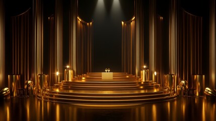 Wall Mural - luxurious golden stage with pillars, candles, and a platform for product display or award ceremony.