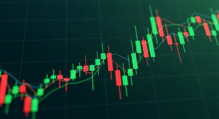 Poster - Financial Stock Chart Close Up Displaying Red and Green Candlesticks on a Dark Green Grid Background