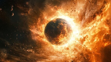 Wall Mural - a planet being engulfed by a massive supernova explosion