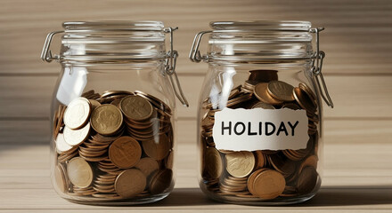 Poster - Glass Jars Filled with Golden Coins for Holiday Savings on Light Wood Surface