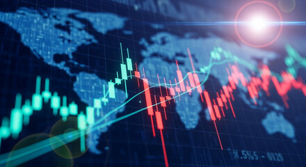 Poster - Global Stock Market Graph Overlaying a Blue World Map Featuring Red and Green Candlestick Charts Displaying Financial