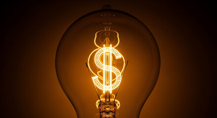 Poster - Glowing Dollar Sign Filament Lightbulb Against Dark Background Symbolizing Financial Idea