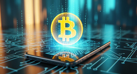 Poster - Glowing Golden Bitcoin Symbol Displayed on Phone Screen with a Blue Circuit Board Pattern Illustrating Digital Currency