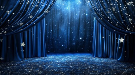 Wall Mural - majestic blue velvet stage curtains with glittering stars and spotlight.