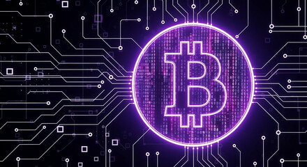 Poster - Glowing Purple Bitcoin Emblem on Futuristic Black Circuit Board Background with White Circuitry