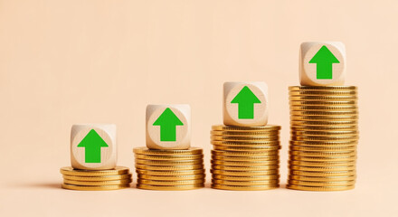 Poster - Gold Coins Stacked with Green Upward Arrows Symbolizing Financial Growth and Investment Success on Beige Backdrop