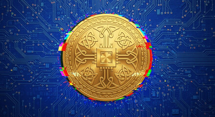 Poster - Golden Coin with Microchip Design on Blue Circuit Board with Glitch Effect Digital Currency Tech Background