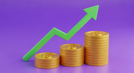 Poster - Golden Coins Stacked with Upward Green Arrow on a Purple Background Signifying Financial Growth and Success
