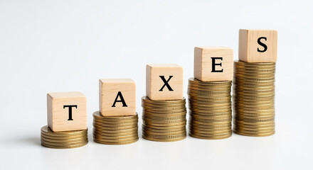 Poster - Golden Coins Stacked Representing Financial Growth with Wooden Blocks Spelling Taxes Against A White Backdrop Studio