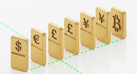 Poster - Golden Currency Domino Tiles Arranged on White Surface with a Rising Trend Line in Finance and Investment Illustration